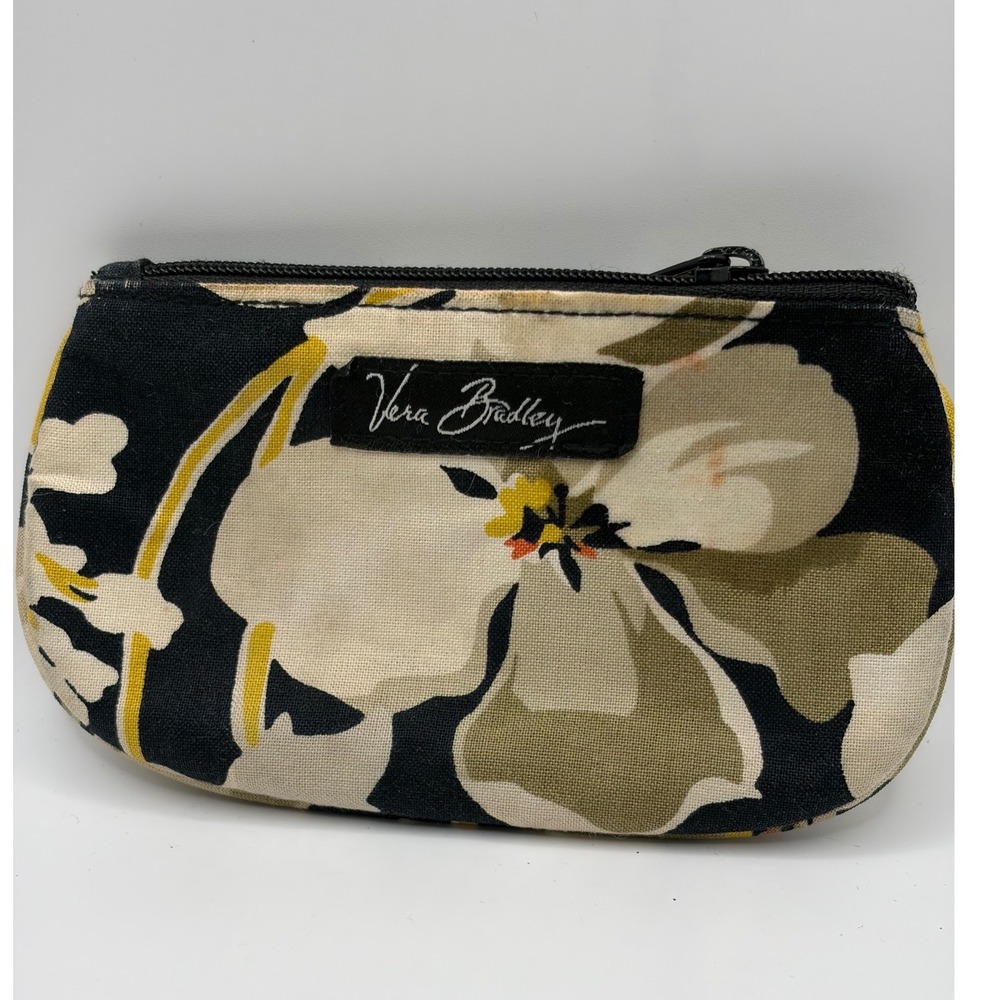 Vera Bradley Zip ID Case Night Owl Floral Black Yellow Keychain Wallet